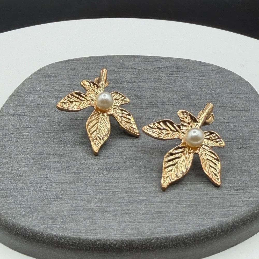 Gold Tone Pearl Leaf Drop Earrings Botanical Cottagecore Statement Jewelry Gift
